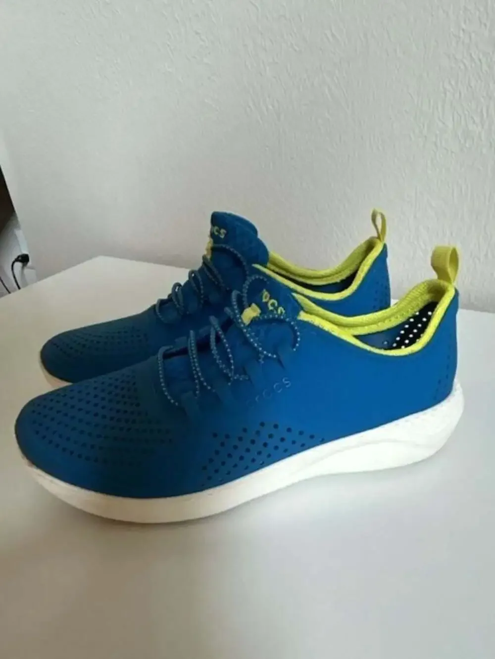 Crocs LiteRide Pacer Lace-Up Sneakers in Blue and Lime Green